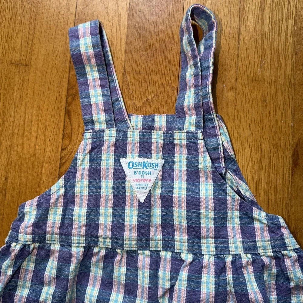 Vintage OshKosh B'gosh Overall Dress Girls 3T Blue Plaid Pinafore Pastel USA VTG